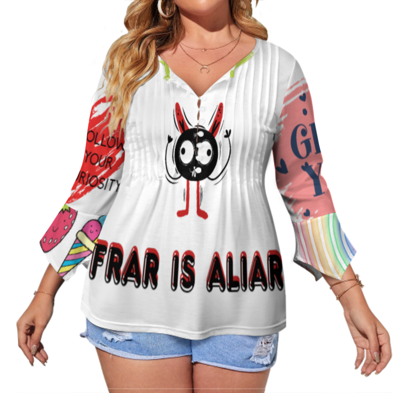 女式十粒扣褶皱花瓣袖上衣SDS20150 (多图) 图文定制设计